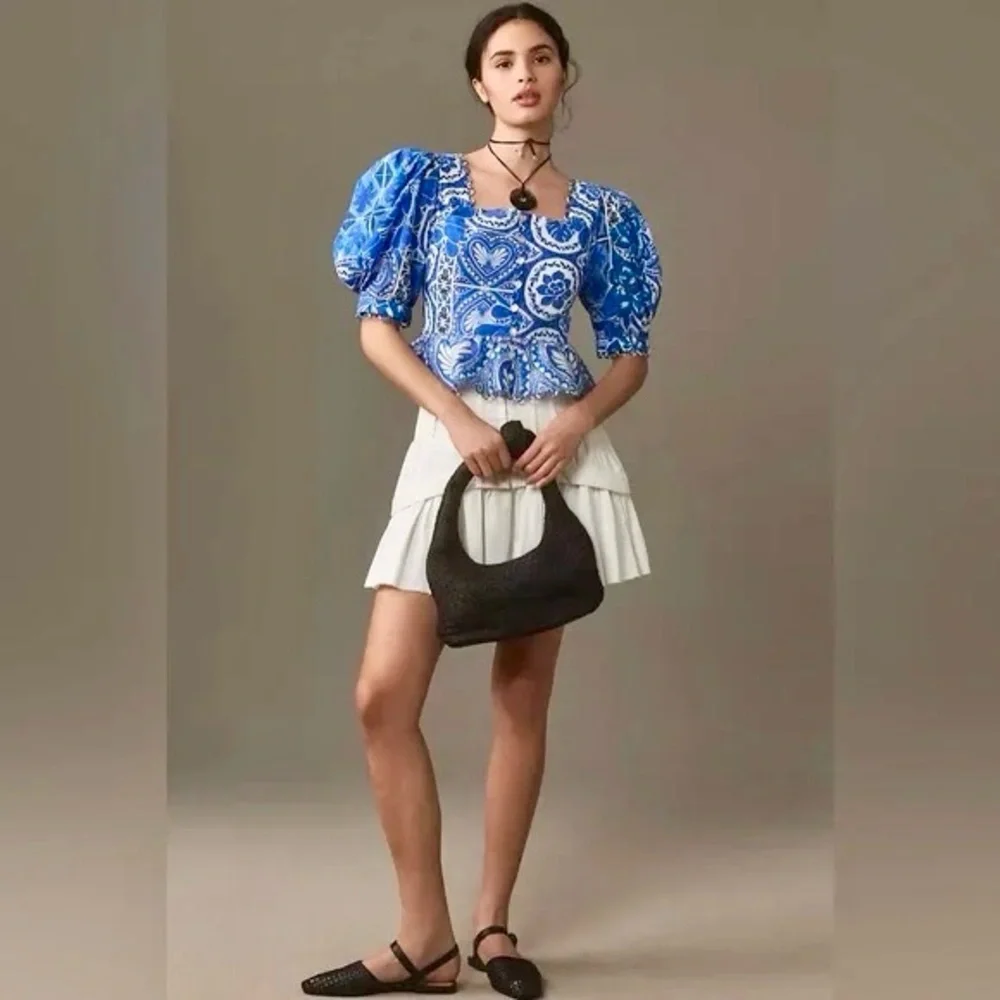 FARM Rio Tile Dream Cotton Puff Sleeve Peplum Top Blouse Blue White Large NWT